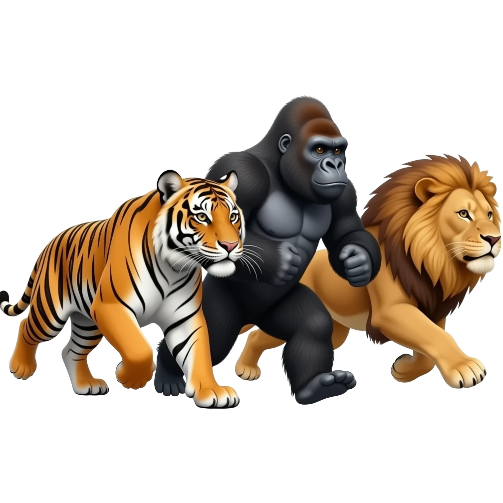 tiger, gorilla and lion running together to the right emoji