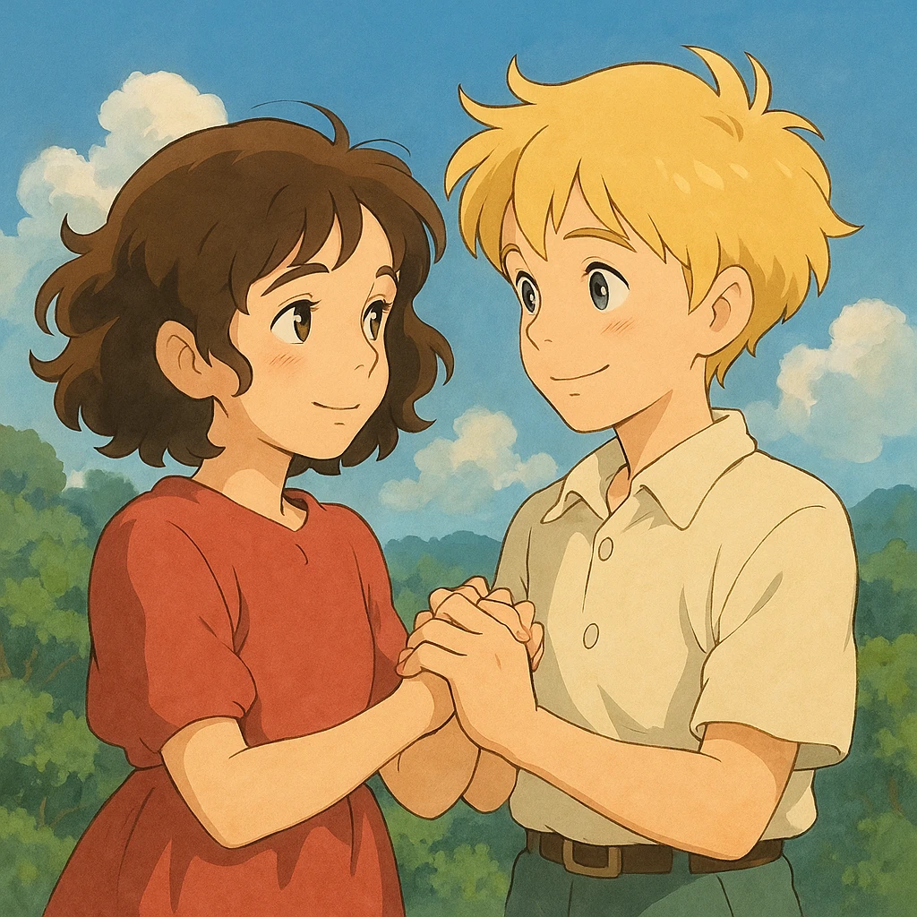 brunette curly haired girl and blonde boy holding hands, soft and expressive ghibli style emoji
