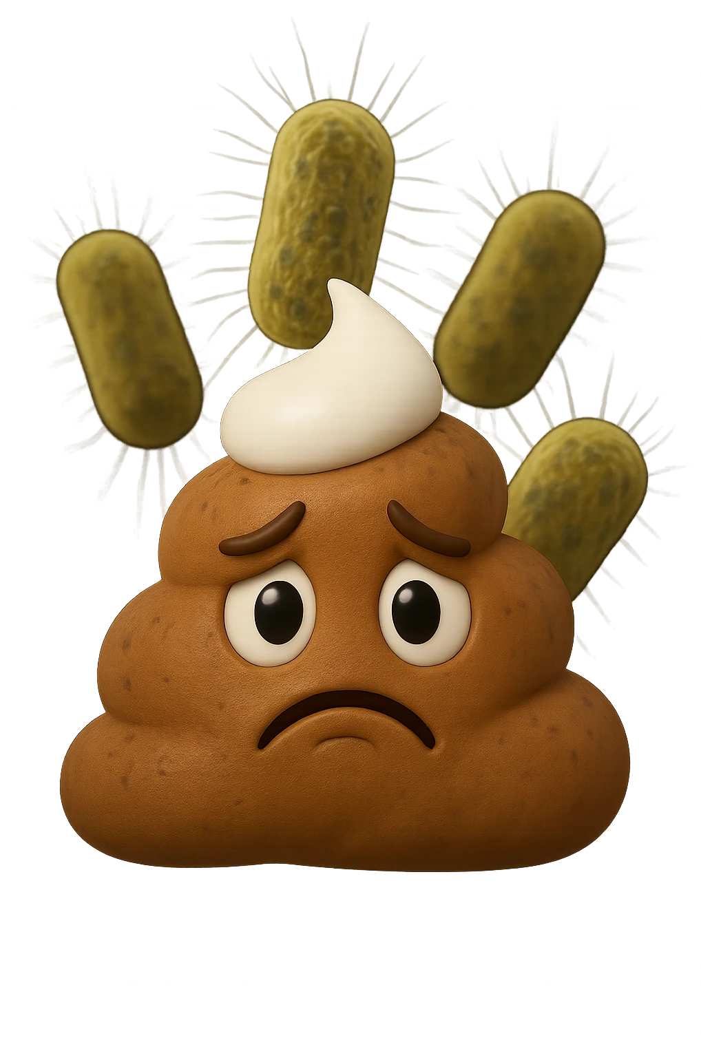 emoji stile iphone 3d di una cacca con muco bianco sopra, dietro cui fluttuano batteri intestinali tristi, iperrealistiche 4k emoji