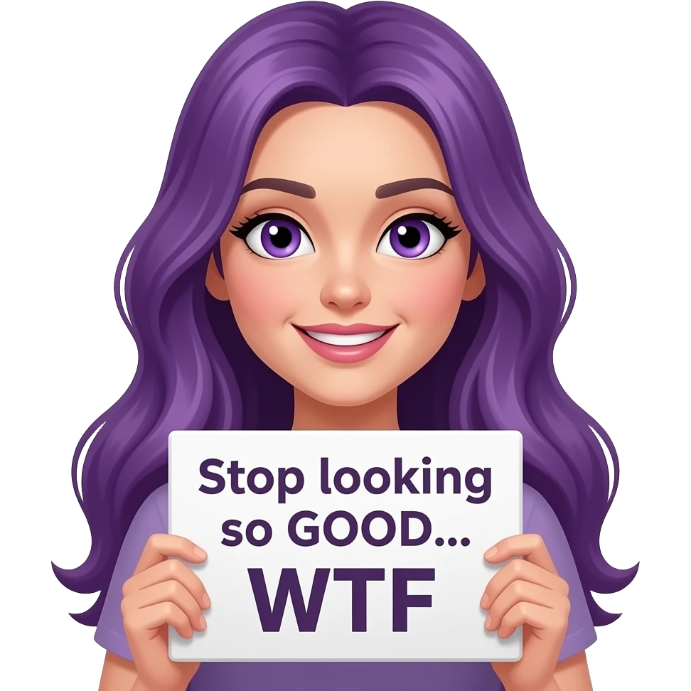 sexy girl with long purple hair and purple eyes holding a Stop looking so GOOD... WTF sign emoji