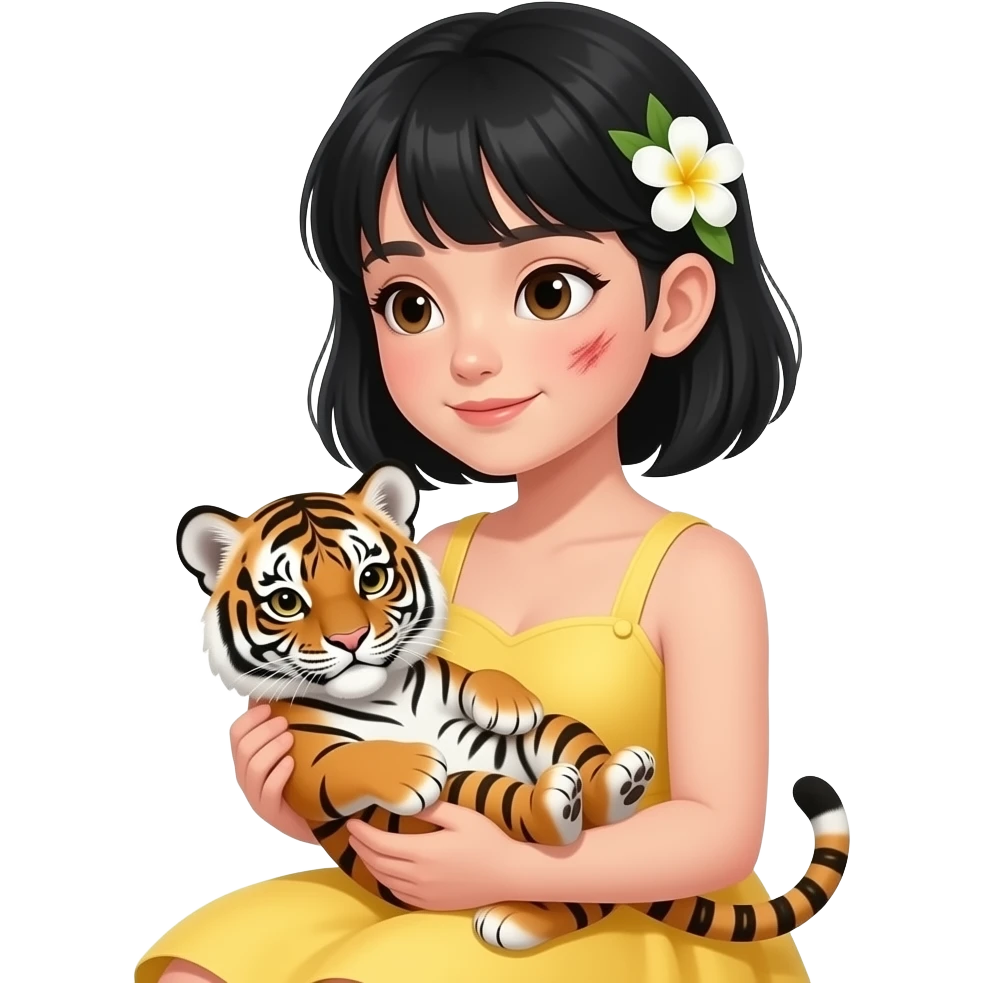 Garota de cabelos preto grade franjinha com sarna no rosto com de lado é com um bebê tigre no colo com uma flor no cabelo com um vestido amarelo emoji