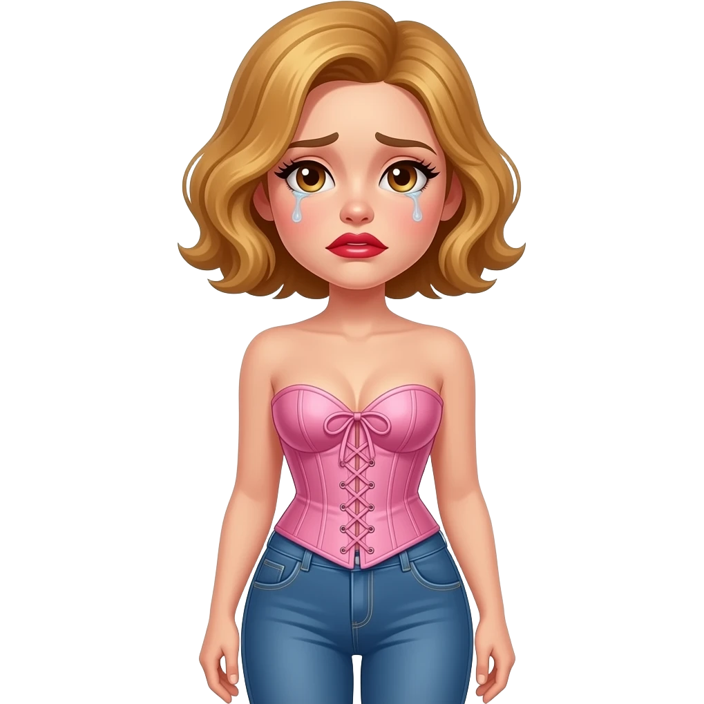 white, very beautiful woman, with big plump red lips, long long lashes, honey wavy short hair, hazel eyes,  sad with  tears .  full body.  Wearing a pink corset & blue jeans emoji