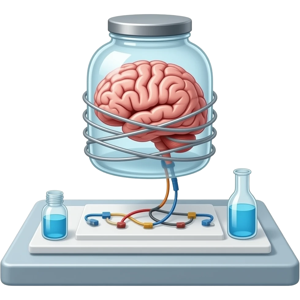 a brain placed in medical preparations that is connected to an electrical circuit, a glass jar wrapped in high-voltage wires floats above the autopsy table emoji