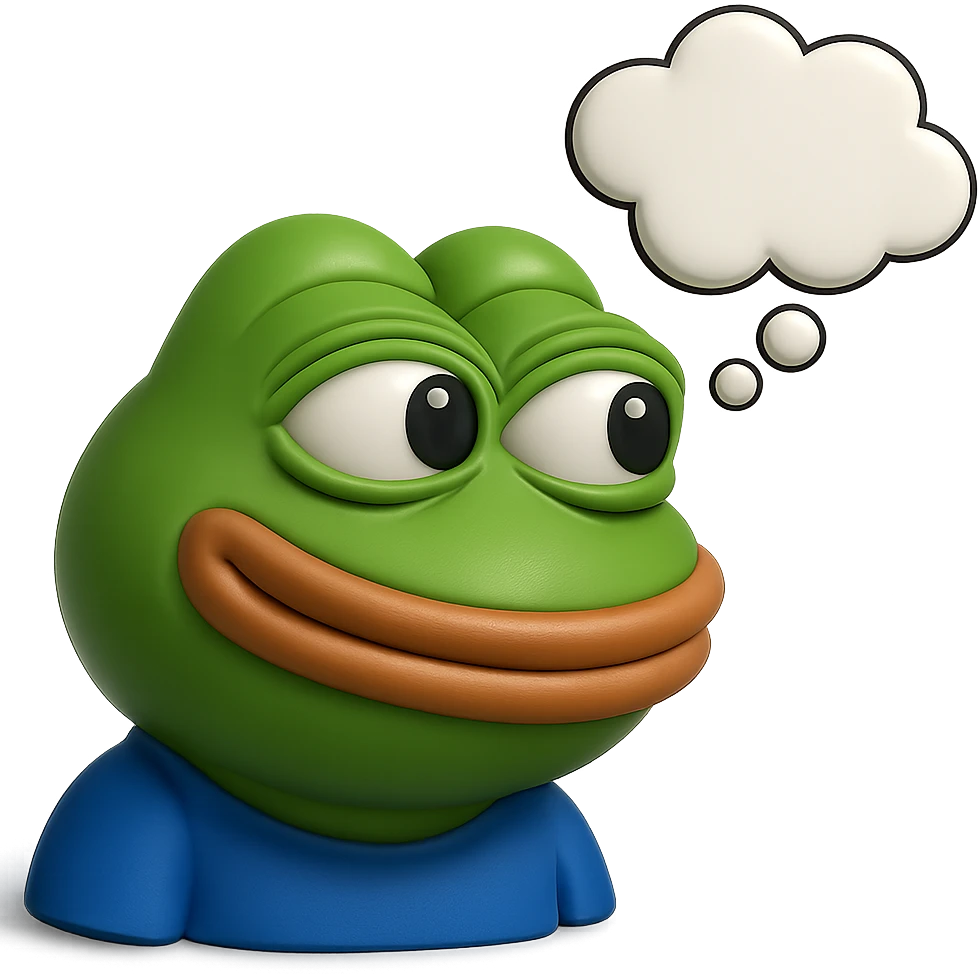 make a pepe in bright green smiling with thought bubble looking at right side in 3d style, good highlights and shadows, drop shadows emoji