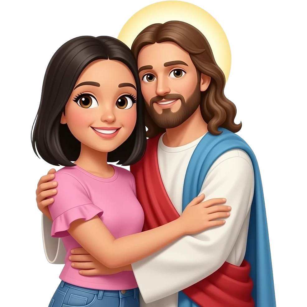 Gere um emoj de uma linda moça de pele clara,cabelo médio na altura do ombro,,liso,preto, sorrindo. Ela possui cilios grandes com extensao de cilios, a moça veste uma camiseta com mangas curtas bufantes, na cor rosa choque. A moça esta acaompanhada de Jesus, os dois estao abraçados de lado. emoji
