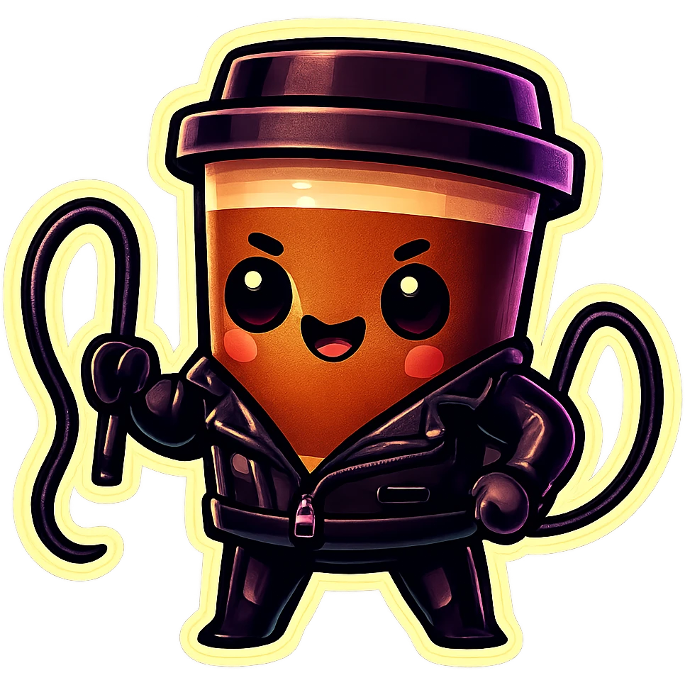 Tall coffee cup, dressed in leather holding a whip emoji