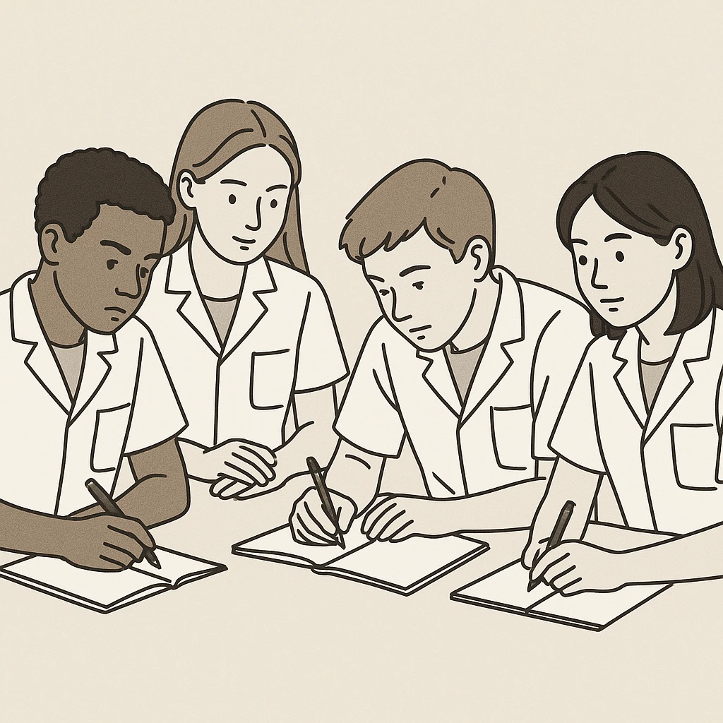 four students wearing short-sleeved white lab coats, no equipment except possibly pens and notebooks, working together, simple illustration style, studious atmosphere, neutral background emoji