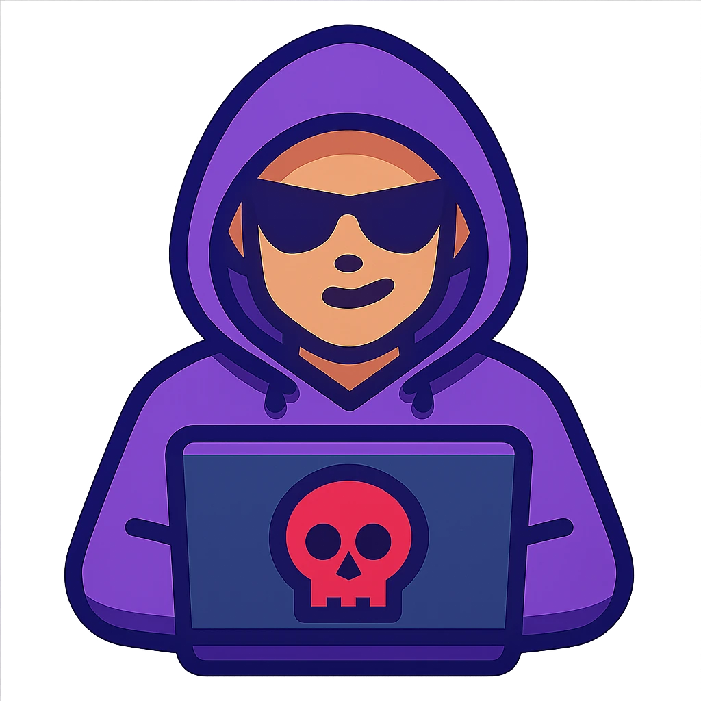 hacker character in purple hoodie, digital style emoji