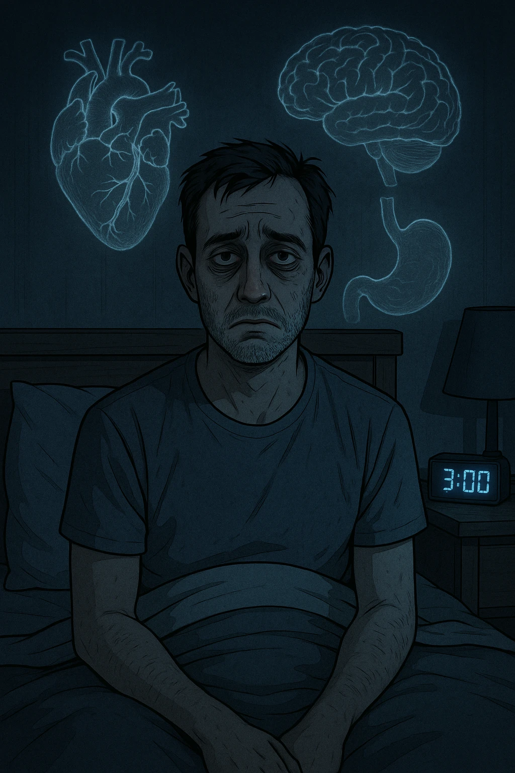 a man sits awake in bed in the middle of the night, dark circles under his eyes and a tired, anxious expression. The room is dimly lit by the blue glow of a phone or digital clock showing 3:00 AM. Around him, faint ghostly overlays of anatomical drawings highlight affected organs—heart, brain, and stomach—symbolizing the physical harm caused by disrupted sleep. emoji