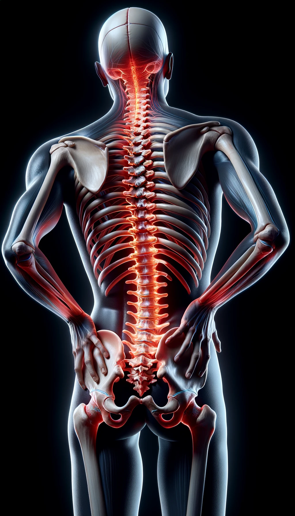 corpo umano anatomico di spalle con spina dorsale storta, dolore alla schiena e spina dorsale anatomica realistica, iperrealistico 4k emoji
