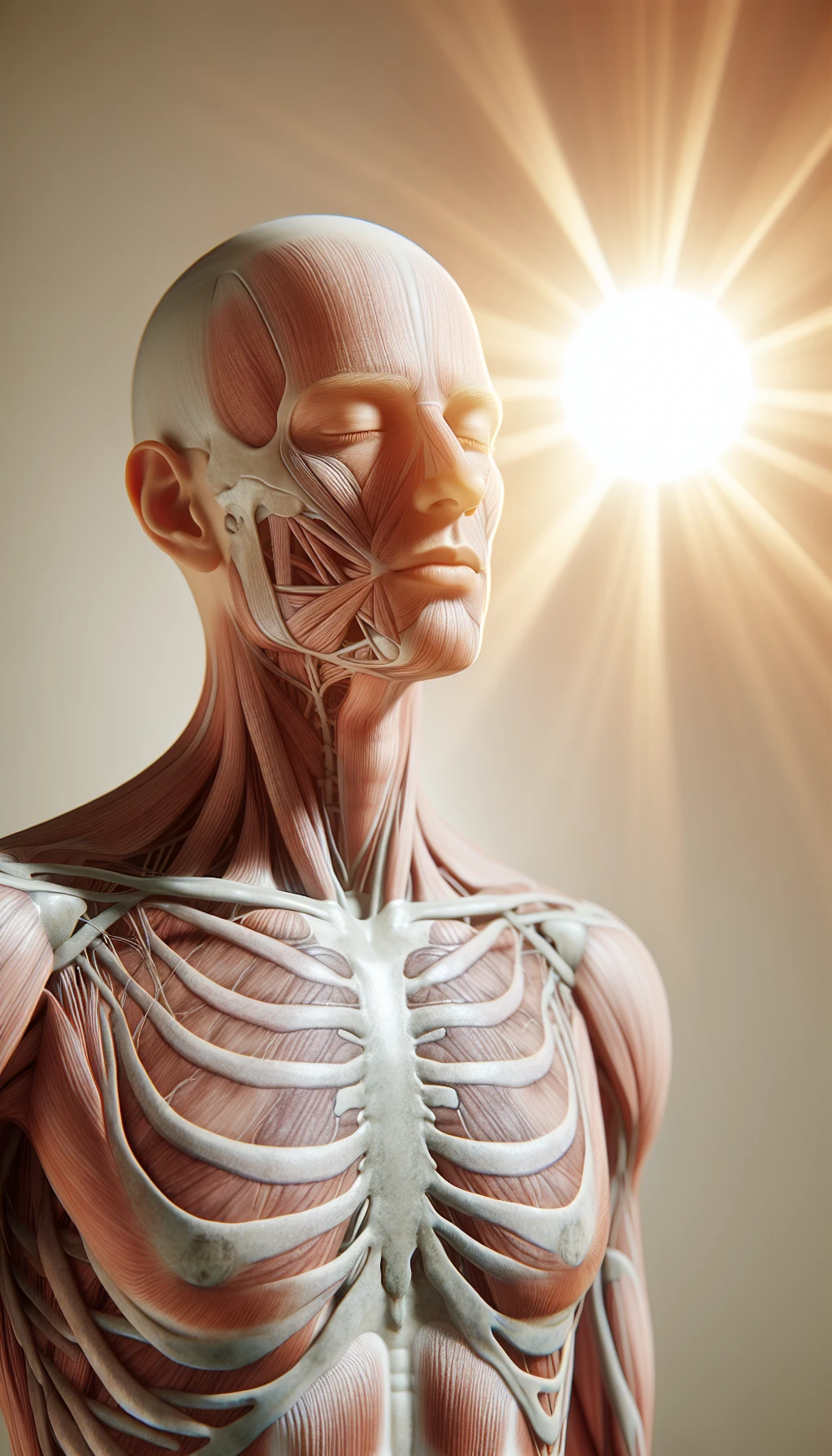 un corpo umano anatomico è illuminato dalla luce del sole e ha gli occhi chiusi in un espressione serena, l'immagine rappresenta l'importanza del sole e i suoi benefici sul corpo umano, sfondo neutro chiaro, iperrealistico 4k emoji