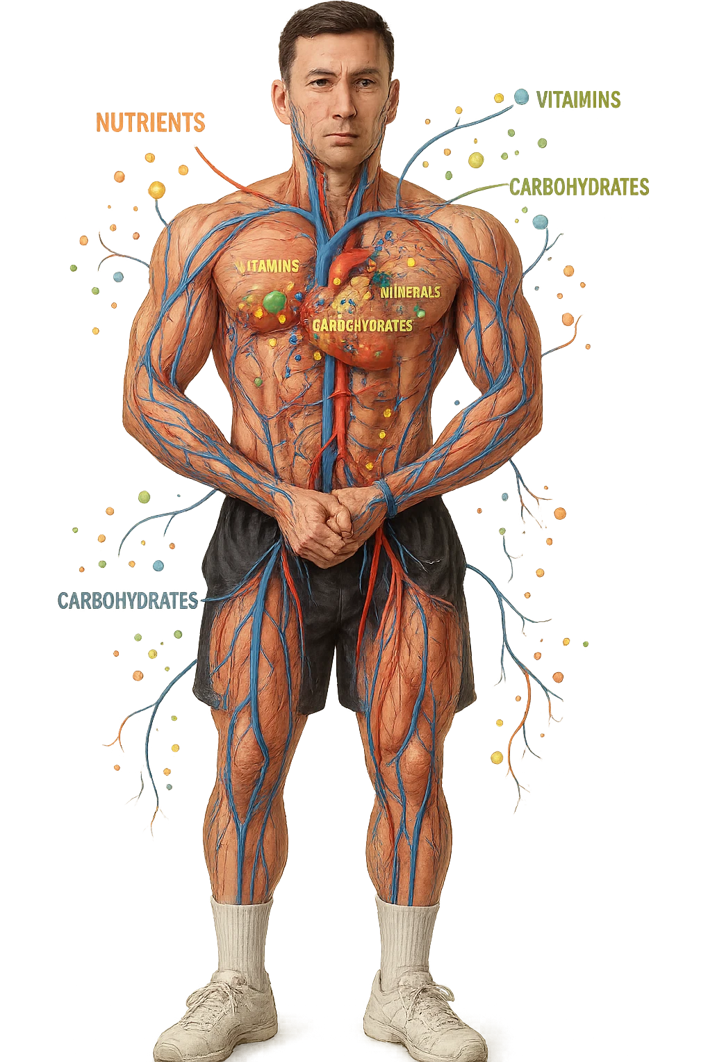 immagine realistica prendendo spunto da questa dei Nutrienti , vitamine, carboidrati ecc.. veicolati nel corpo emoji