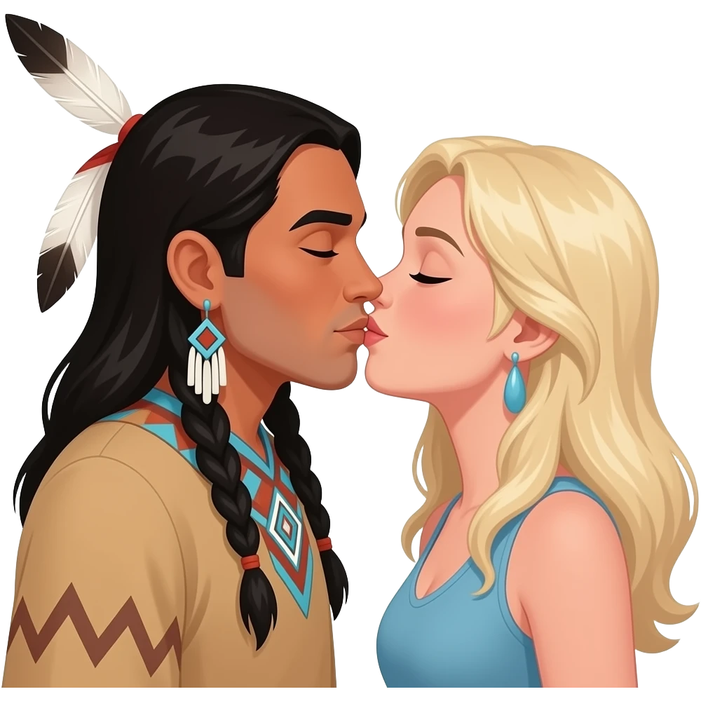 Native American man and white blonde woman kissing emoji