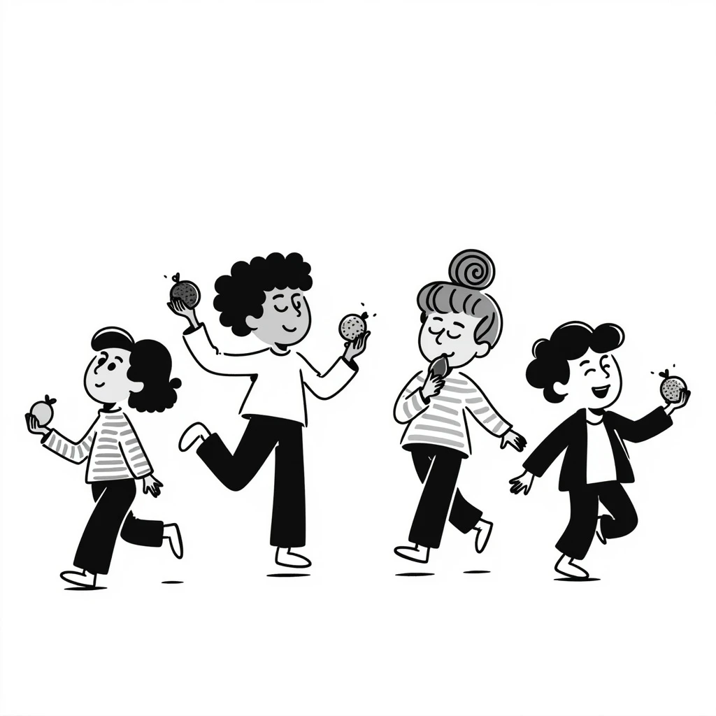 healthy boys and girls running around playing with some eating fruit Make one of the children asian or black emoji