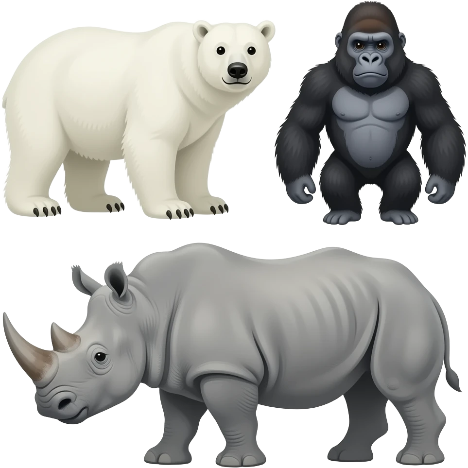 Polar bear, gorilla, and rhinoceros emoji