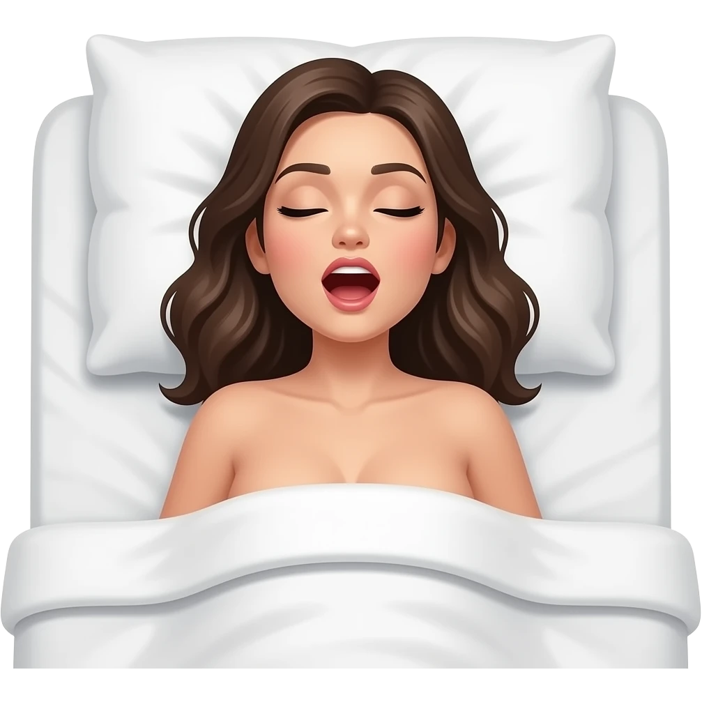 naked woman lying on back, on bed, head tilted back, mouth open, eyes closed emoji