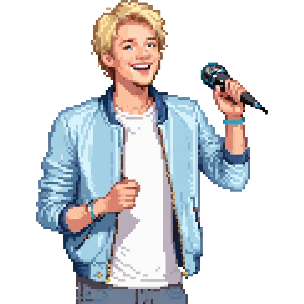 Pixel art style, expressive male performer, Caucasian features, short sandy blonde hair, lively eyes, wide cheerful smile, wearing a sky blue jacket over white tee, tossing a microphone in one hand, waist-up, front-facing emoji