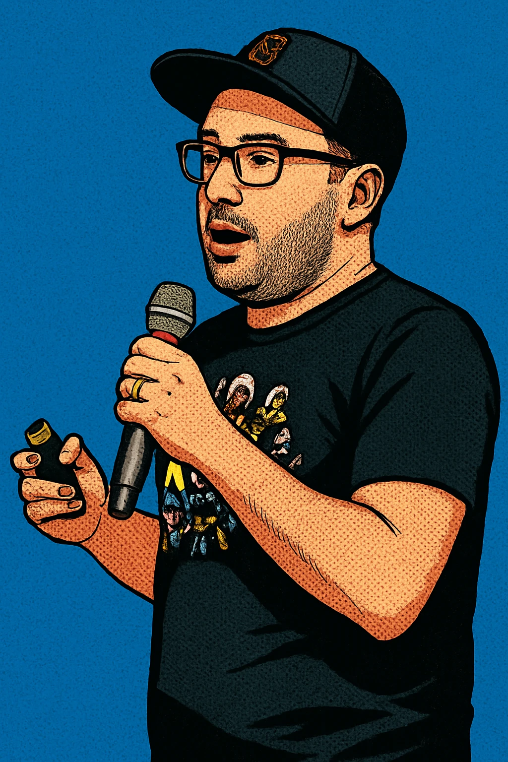 Turn this photo into an old school comic book style illustration, featuring bold lines, halftone shading, and dramatic color contrast. Emphasize the classic comic book aesthetic with vivid colors and dynamic shading. emoji