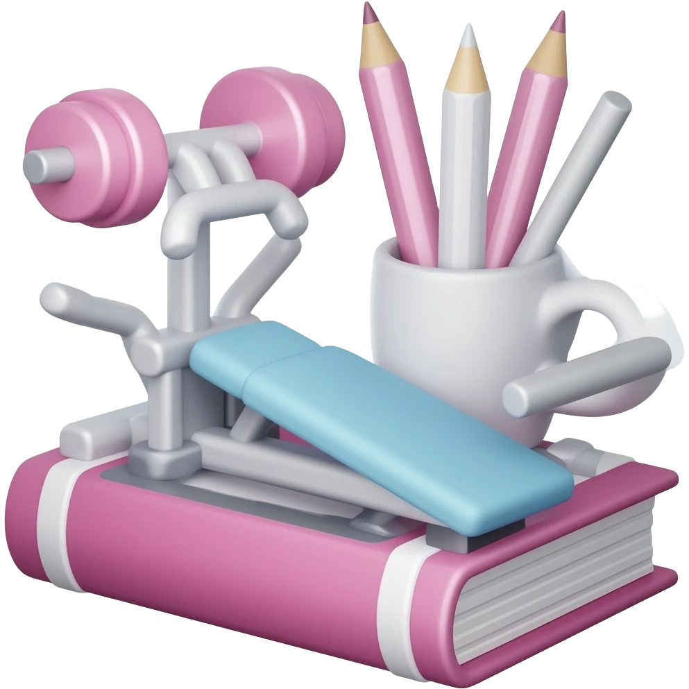 健身器材+学习用具，要写实，不要卡通，主要用色为粉色和蓝色 emoji
