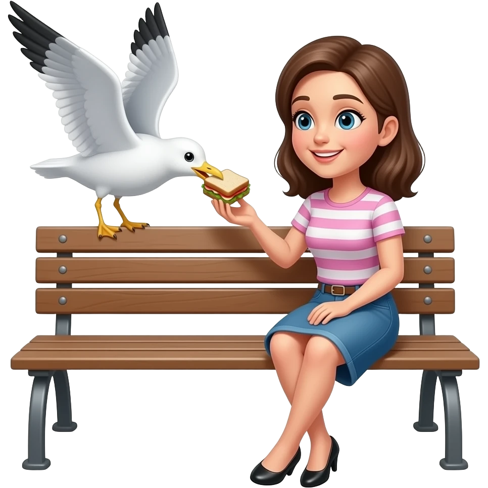 Seagull stealing a sandwich from a woman sitting on a bench emoji