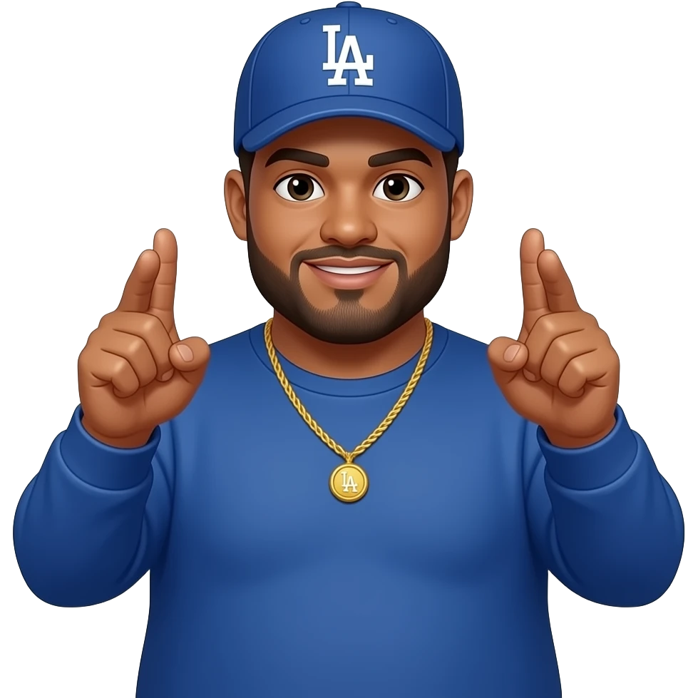 chubby man with a honey skin complextion with lightly shaved black beard wearing a blue Los Angeles Dodgers baseball cap wearing a long sleeve blue shirt wearing a gold tennis necklace making fingers a gun pointing forward with both hands emoji