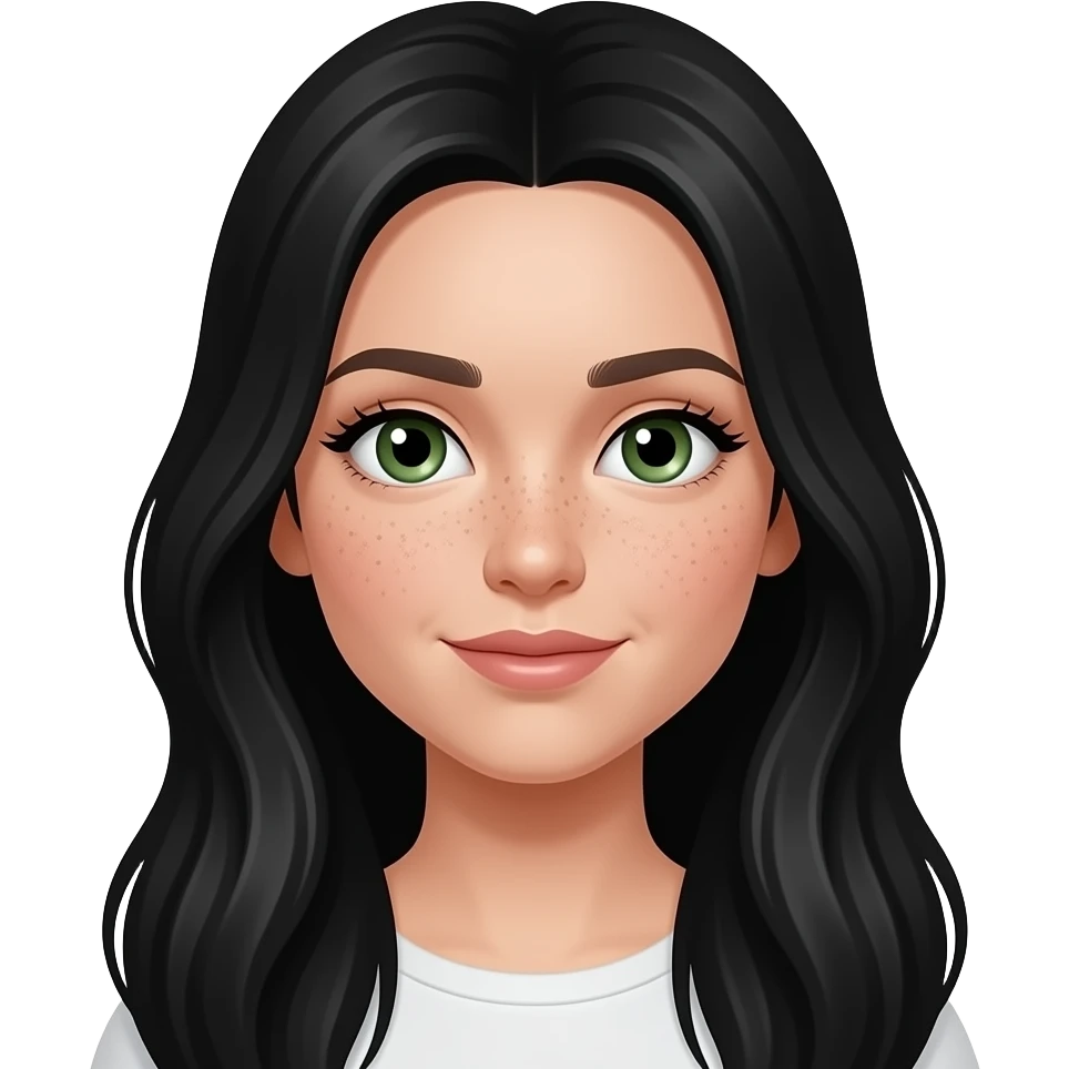 una niña con pelo largo y negro con pecas, ojos verdes y pestañasde raza blanca, y guapa emoji