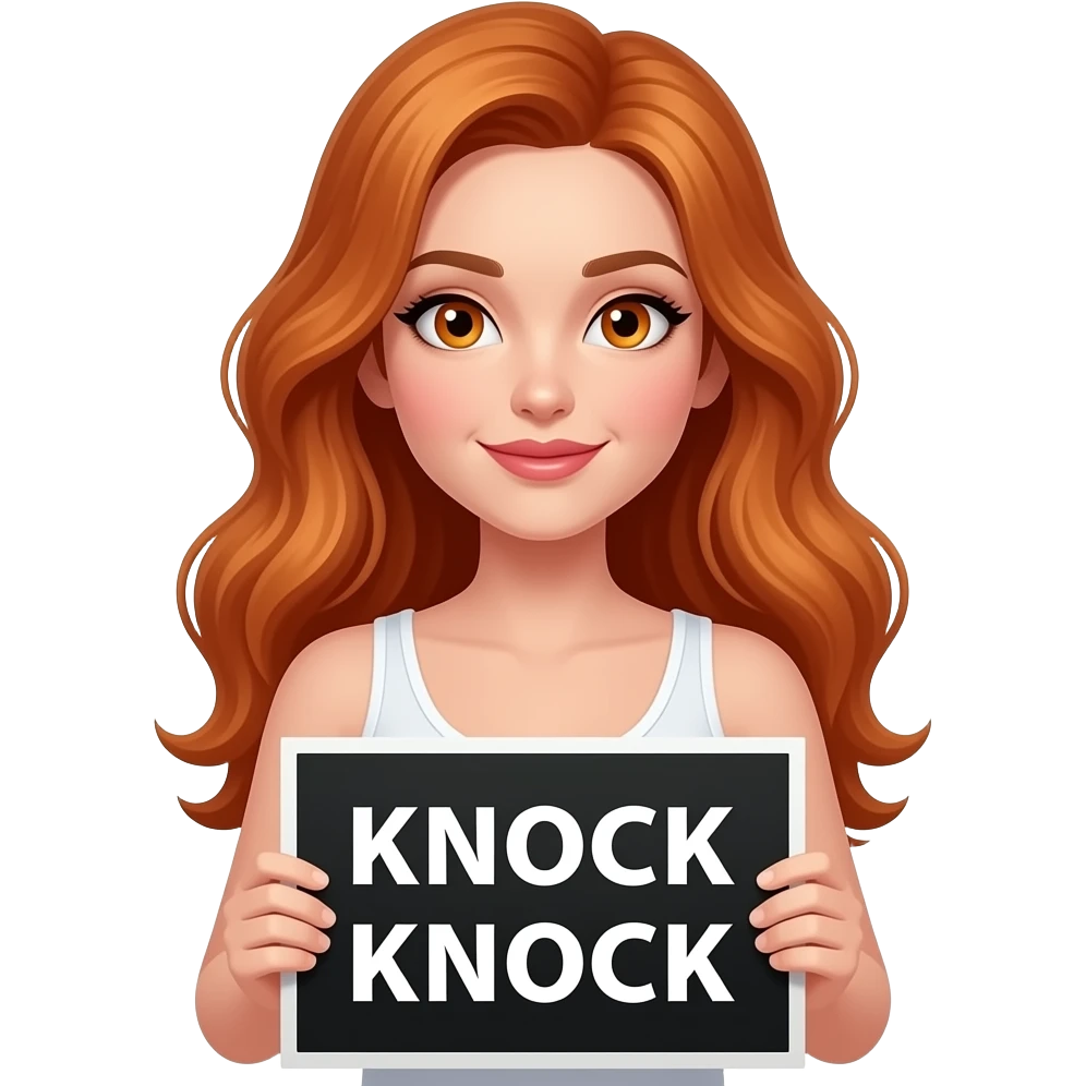 sexy girl with long wavy ginger hair and ginger eyes wearing a white tanktop is holding a black colored sign with KNOCK KNOCK written on it emoji