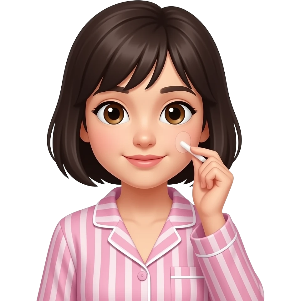 chica de cabello oscuro y corto sin accesorios, con ojos color cafe, colocándose una pijama color rosa con rayas emoji
