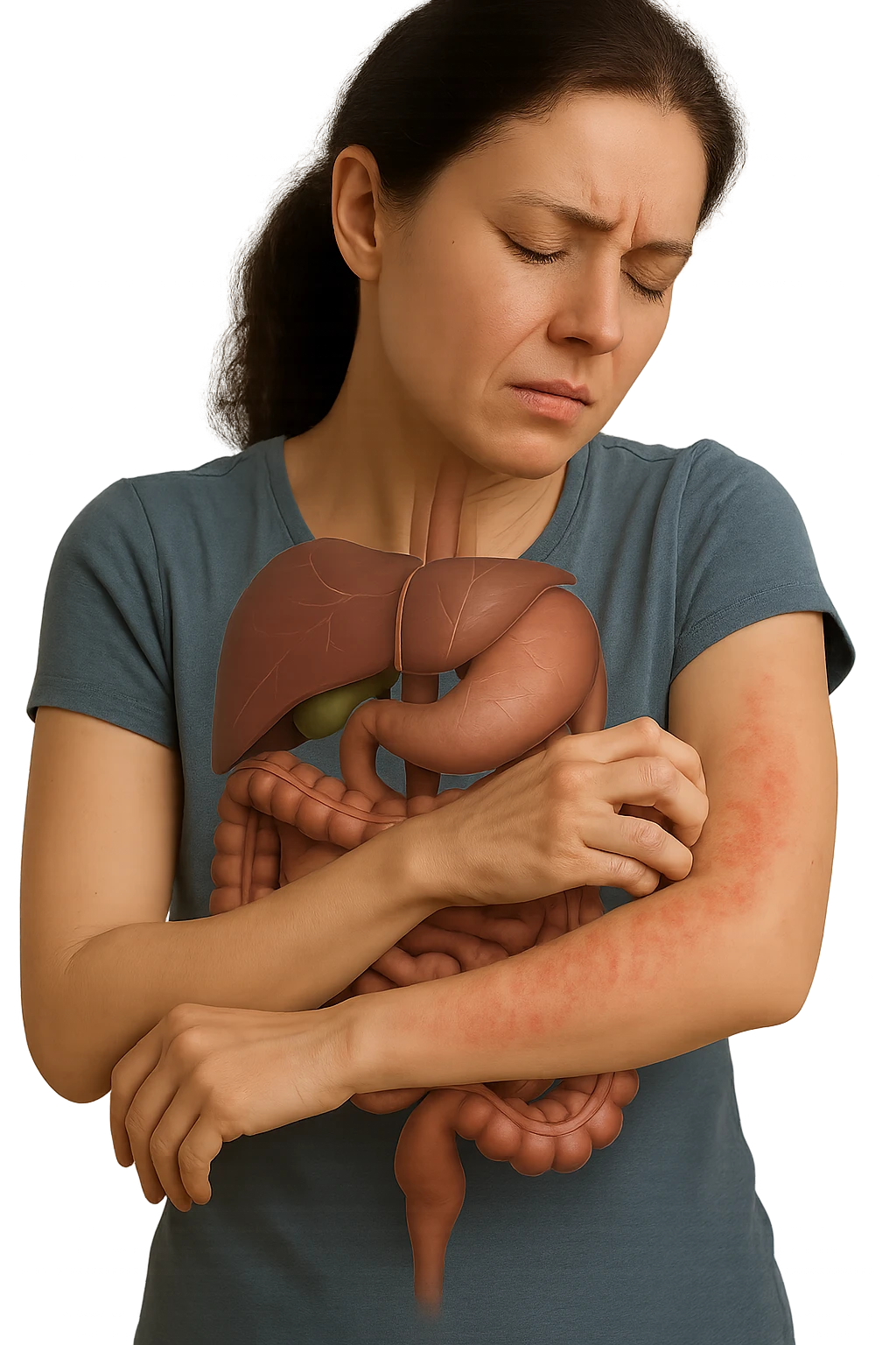 donna con intestino umano anatomico realistico che si gratta il braccio su cui ha un'eritema, iperrealistica 4k emoji
