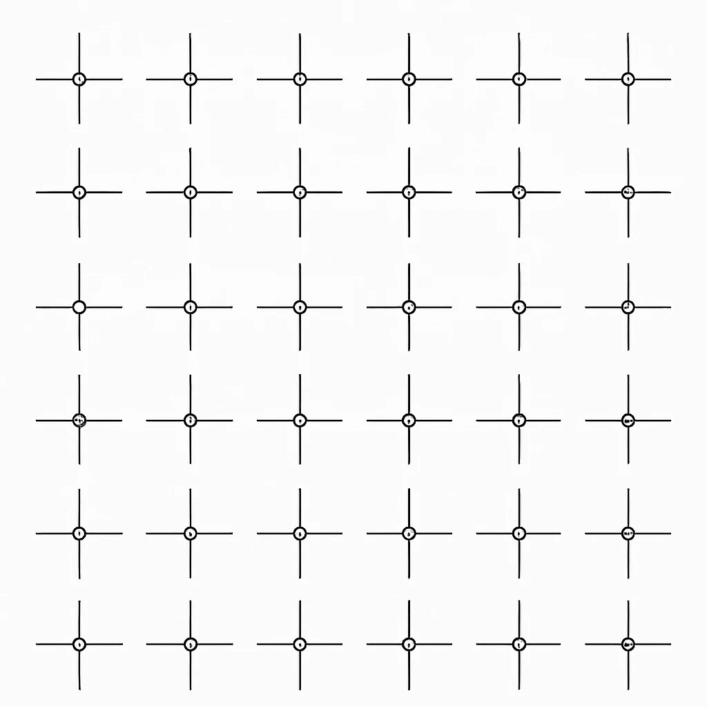 a series of layout markings spaced in an even symmetrical grid, as in camera viewfinder crosshairs. black and white high contrast, precision optics emoji