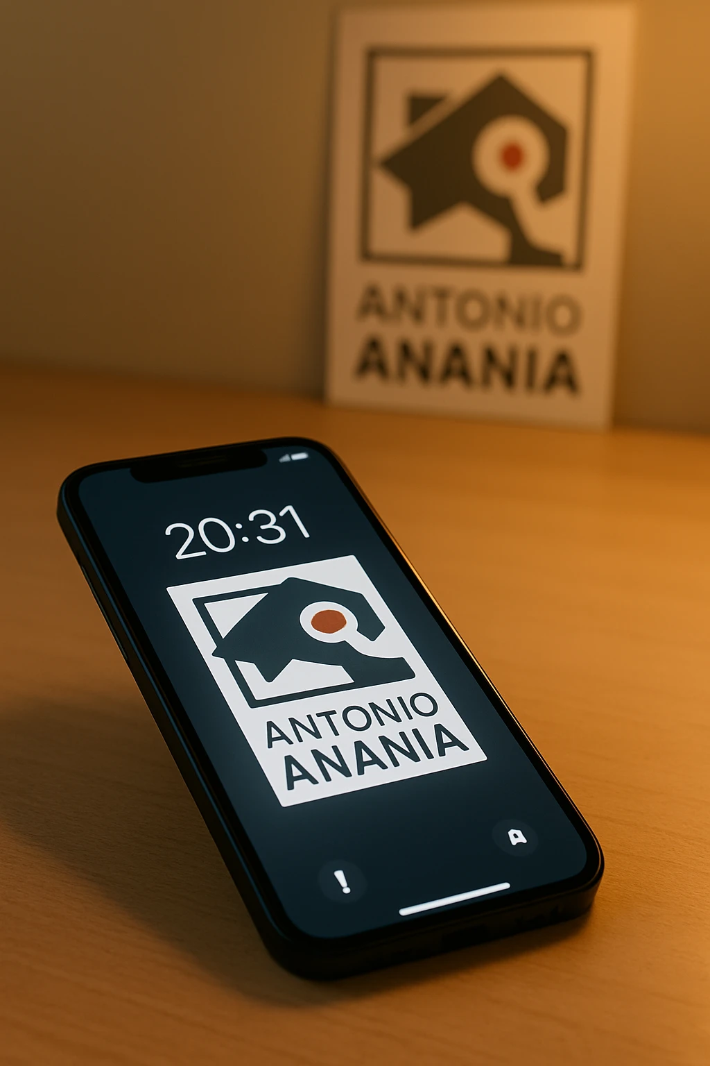 A photo of an iPhone on the desk with the message "Antonio Anania" on its screen, The phone sits atop a desk with a blurred background that suggests work environment. A faint glow from above casts gentle shadows across the surface of each object, creating depth and highlighting their textures emoji