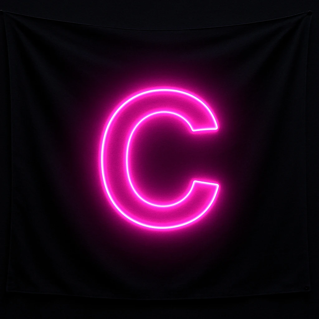 a flag with a neon letter C, pink neon, dark background emoji