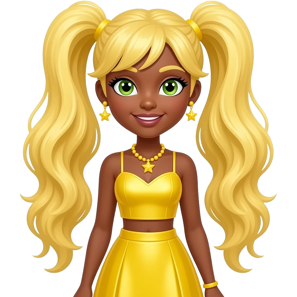 Sunny Madison from Rainbow High with brown skin, green eyes, long yellow two high ponytail hair, yellow metallic sweetheart crop top and long skirt, yellow necklace and earrings emoji