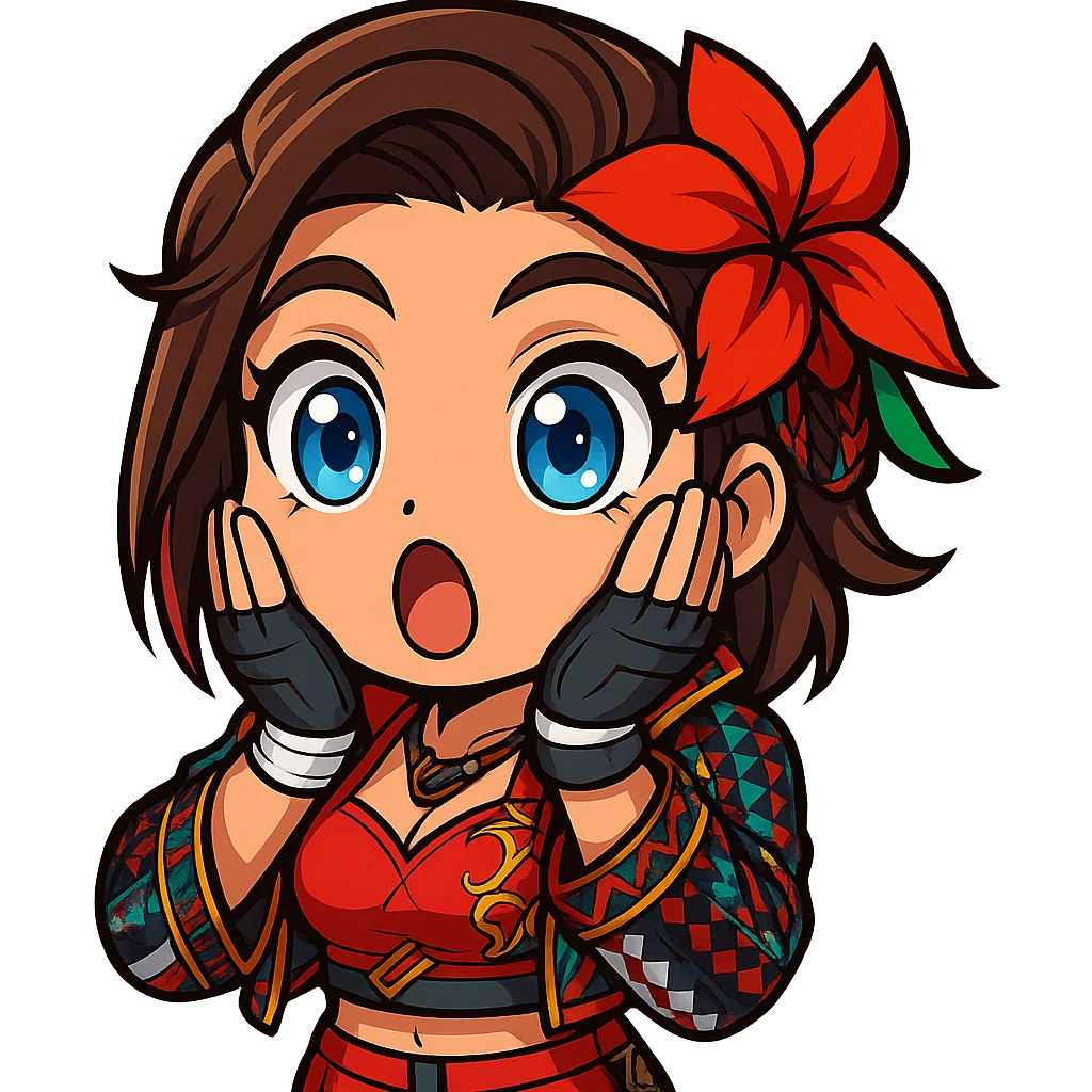 Azucena from Tekken 8 in chibi sticker style, surprised expression with hands on cheeks, wearing the detailed red and patterned outfit from the reference images, designed for Twitch emote use. emoji