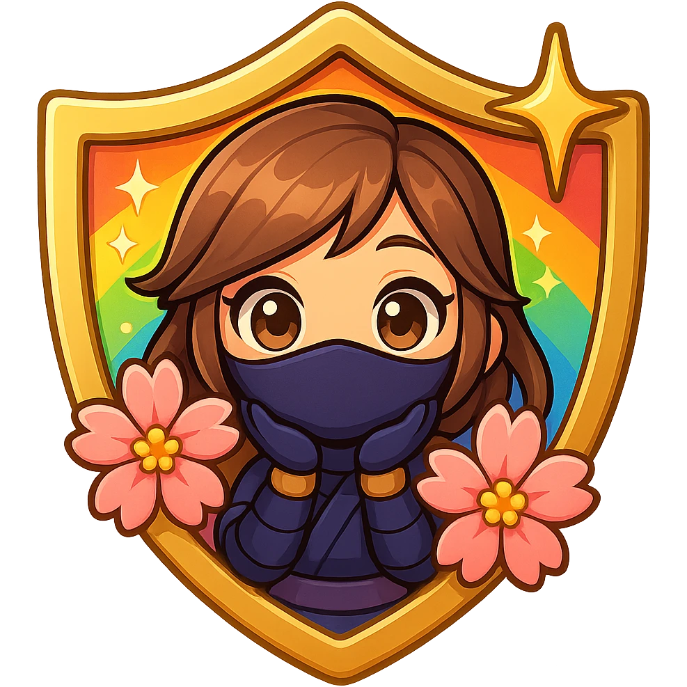 Edit the badge to have a radiant rainbow gradient color with gold trim for the Champion rank, keeping the same design of a chibi ninja girl, sakura flowers, sparkly effects, and badge shape. Maintain transparent background, sized for Twitch or Discord use. emoji