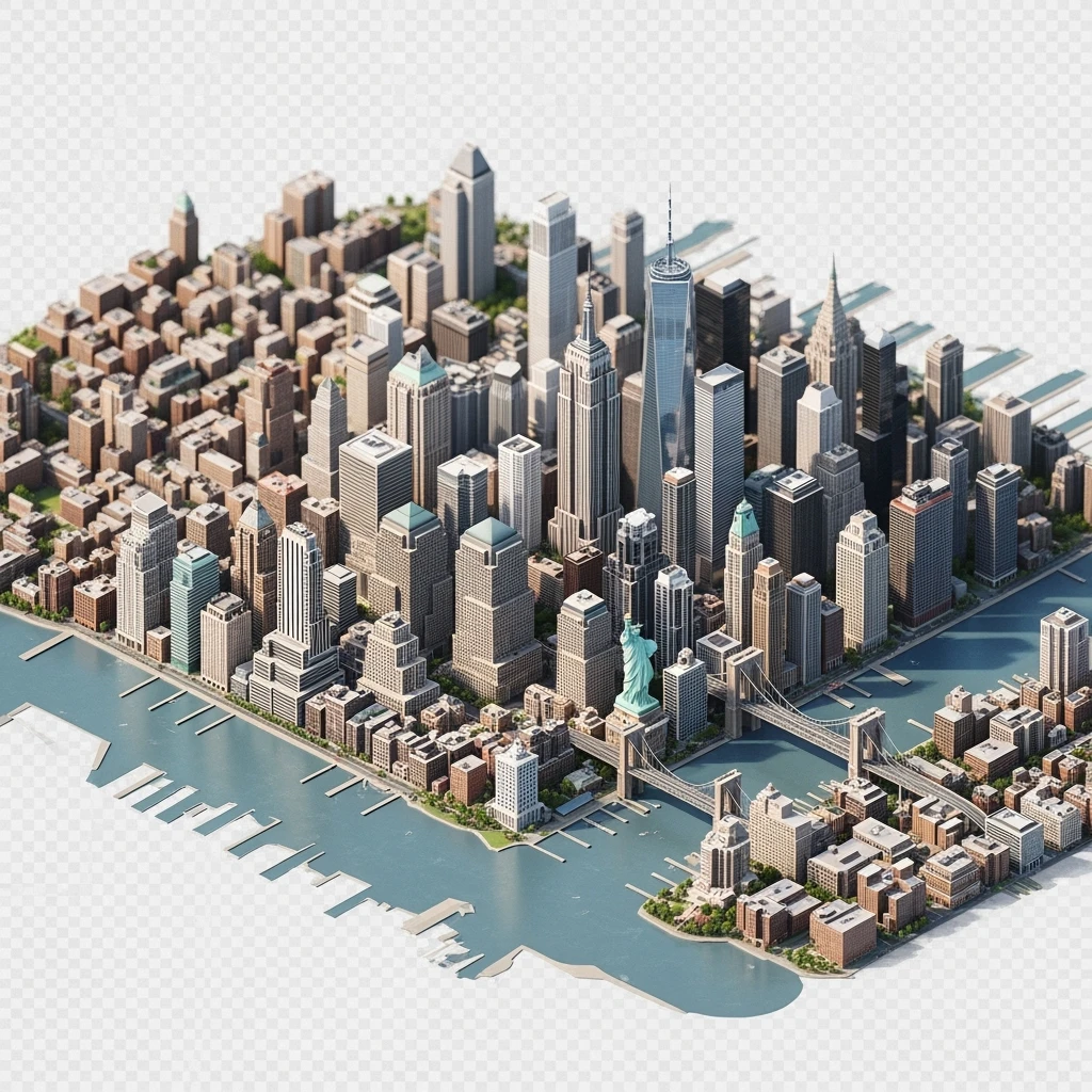 Isometric miniature of New York Сity Empire State Building, One World Trade Center, Statue of Liberty, Brooklyn Bridge, and Central Park chaotic low-rise blocks in outer boroughs 3D miniature effect and Tilt Shift effect, no cartoonish look, transparent background. emoji