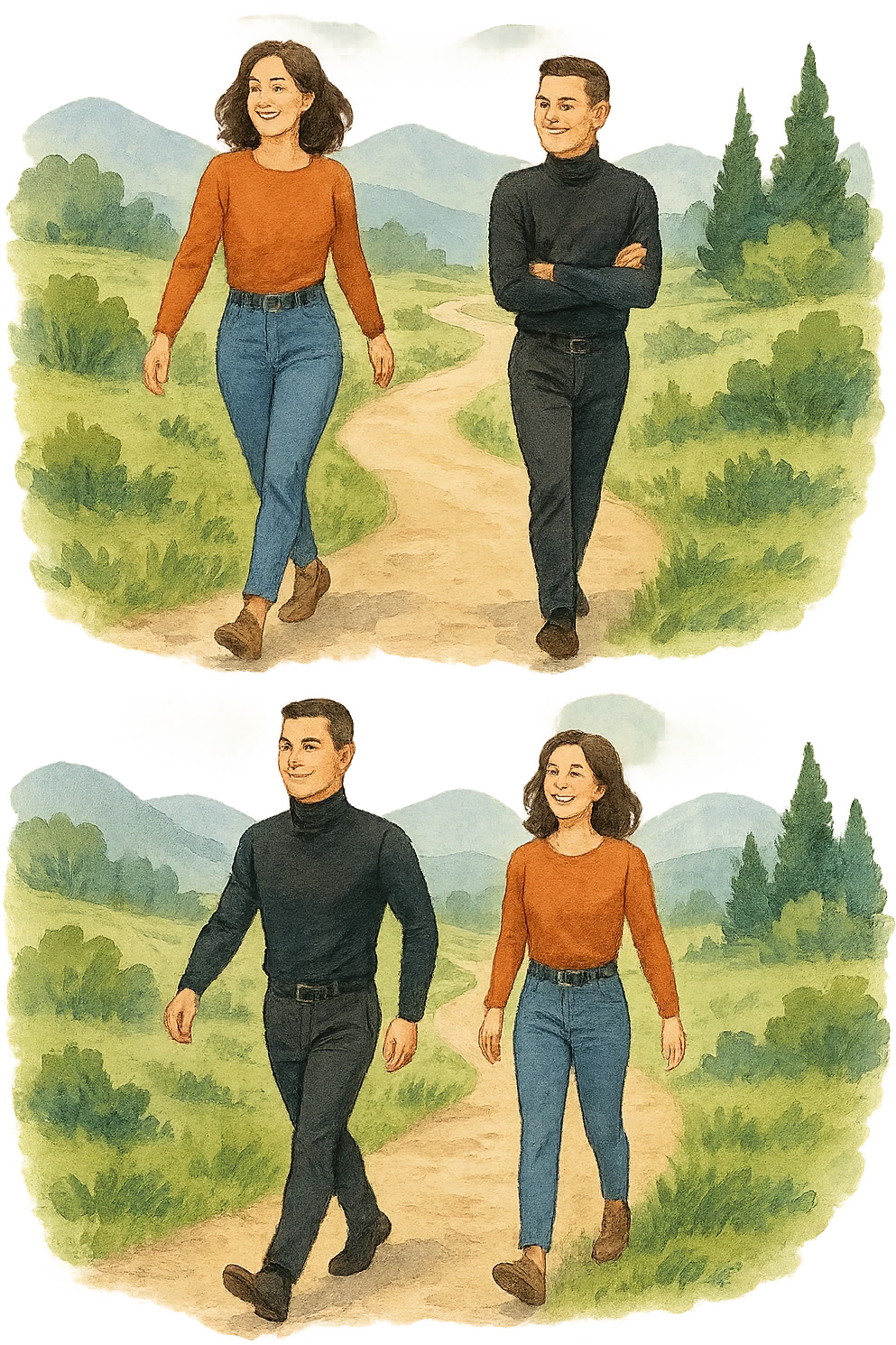 a man and a woman walk together along a winding path in a natural landscape. In one version, the woman leads confidently while the man follows a few steps behind, looking at lei con ammirazione. In un’altra versione, i ruoli sono invertiti, con l’uomo che guida e la donna che lo segue sorridendo. La scena trasmette l’idea che entrambi possano guidare o seguire, a seconda del momento. emoji