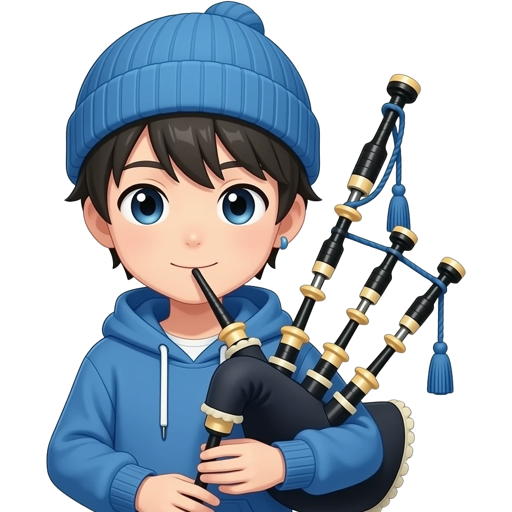 anime boy with blue kint and hoodie and earring and bagpipes emoji
