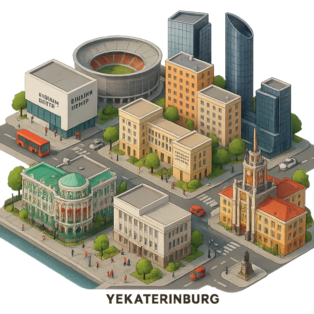 Изометричная миниатюрная фотореалистичная 3D модель Екатеринбурга - Дом Севастьянова, Ельцин-центр, Уральский федеральный университет, дома, Екатеринбург Арена, Штаб-квартира Русской медной компании, Здание Свердловского городского совета народных депутатов, четкие линии, яркие цвета, мультяшный реализм, люди, автотранспорт, компактная композиция, вид сверху в изометрии, прозрачный фон emoji