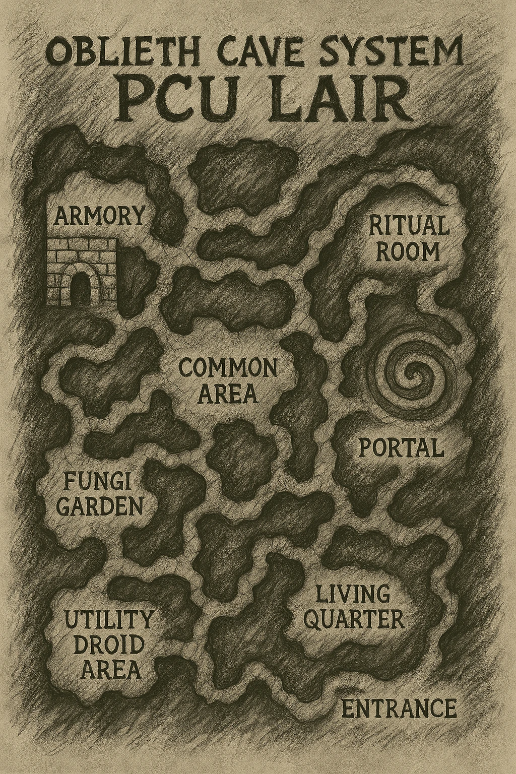 a hand drawn map of how to navigate the Oblieth cave system to find the PCU Lair emoji