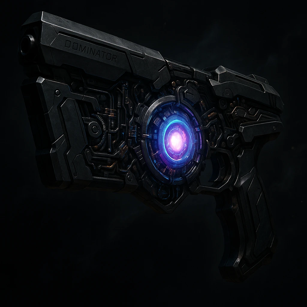 a dramatic, angled view of a Dominator-style gun from Psycho-Pass, with intricate mechanical details and a glowing core emoji