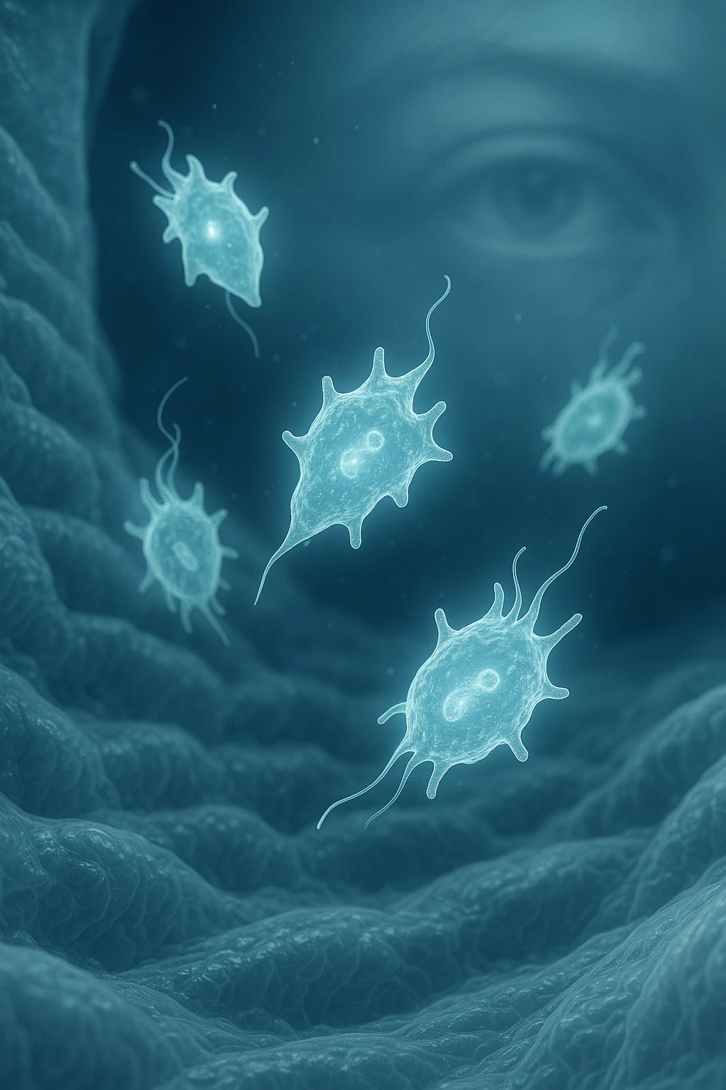 A detailed macro-style image of a translucent human intestinal wall under extreme magnification. Floating nearby are multiple protozoa — small, semi-transparent, shapeshifting organisms with flagella or cilia, glowing faintly under the microscope. In contrast, a faded overlay silhouette of a human eye is shown in the background, symbolizing how these organisms are invisible to unaided vision. The scene is softly lit with cool bluish tones, evoking a clinical and microscopic atmosphere. Focus is hyper-sharp on the protozoa, with blurred organic tissue textures in the background. Educational yet haunting, it shows how much remains unseen inside the body emoji