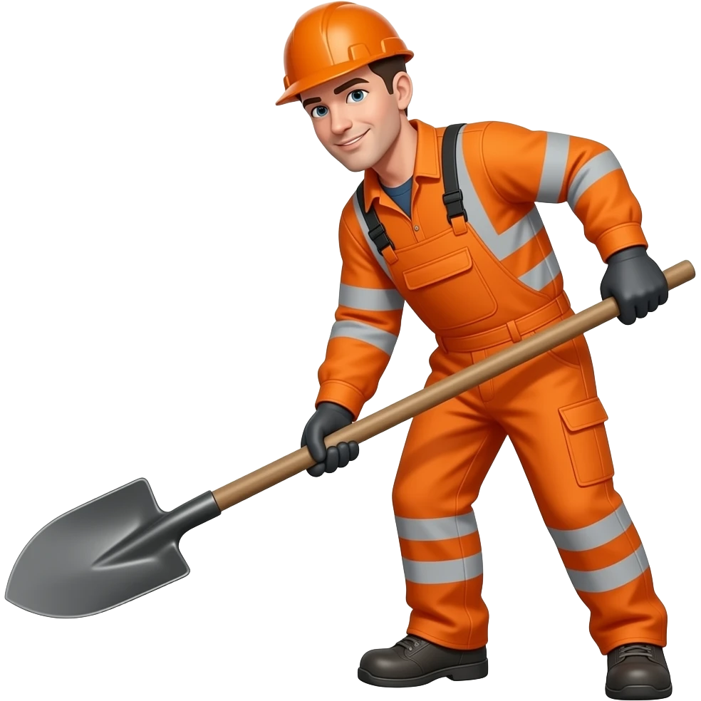 man in full orange hi-vis overalls with sleeves shovelling emoji