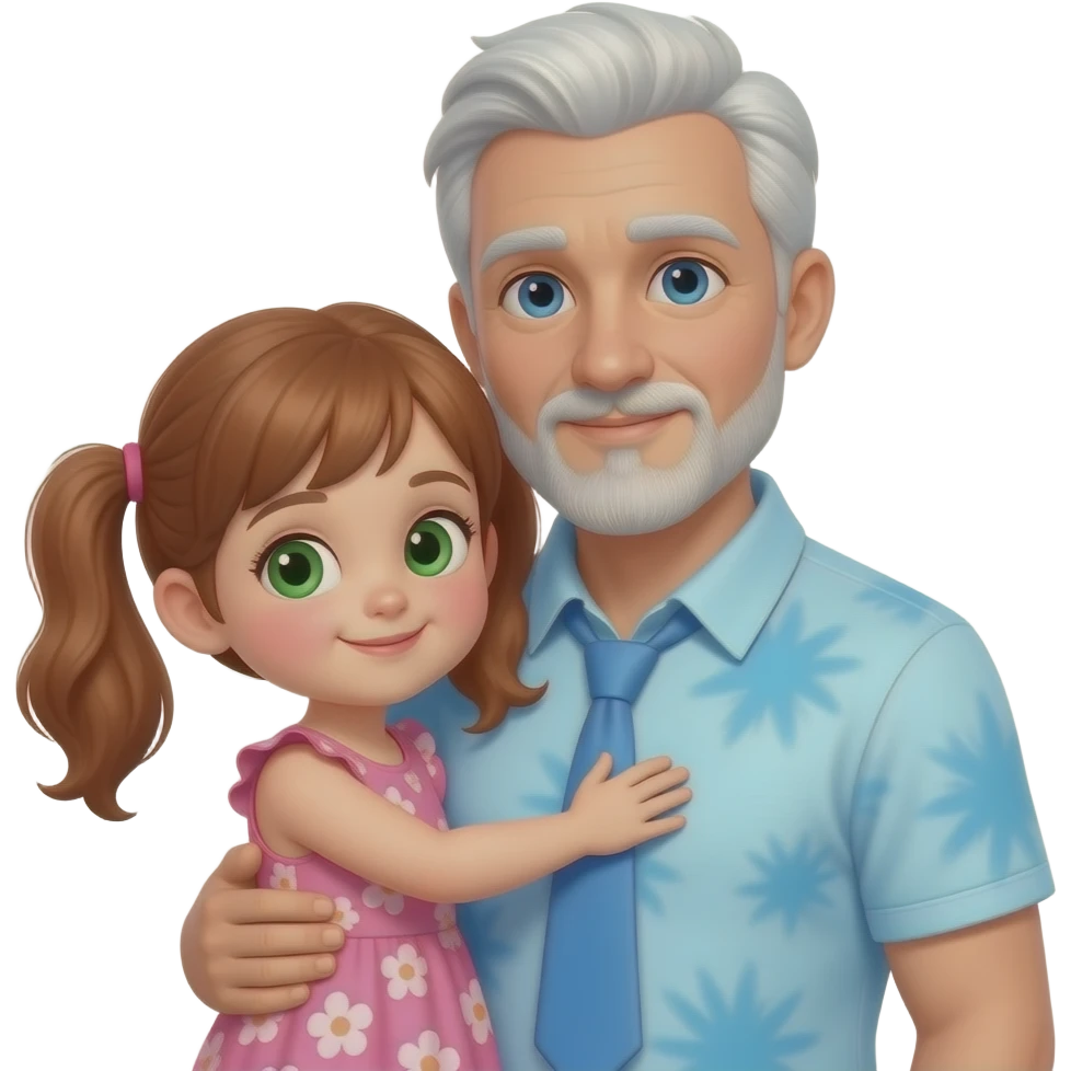 Dark Auburn haired girl child with light green hazel eyes twin ponytails wearing a pink floral sun dress hugging a light blue eyed adult father with side white fringe white hair eyebrows and white scruff style breard wearing a light blue tye dye polo shirt emoji