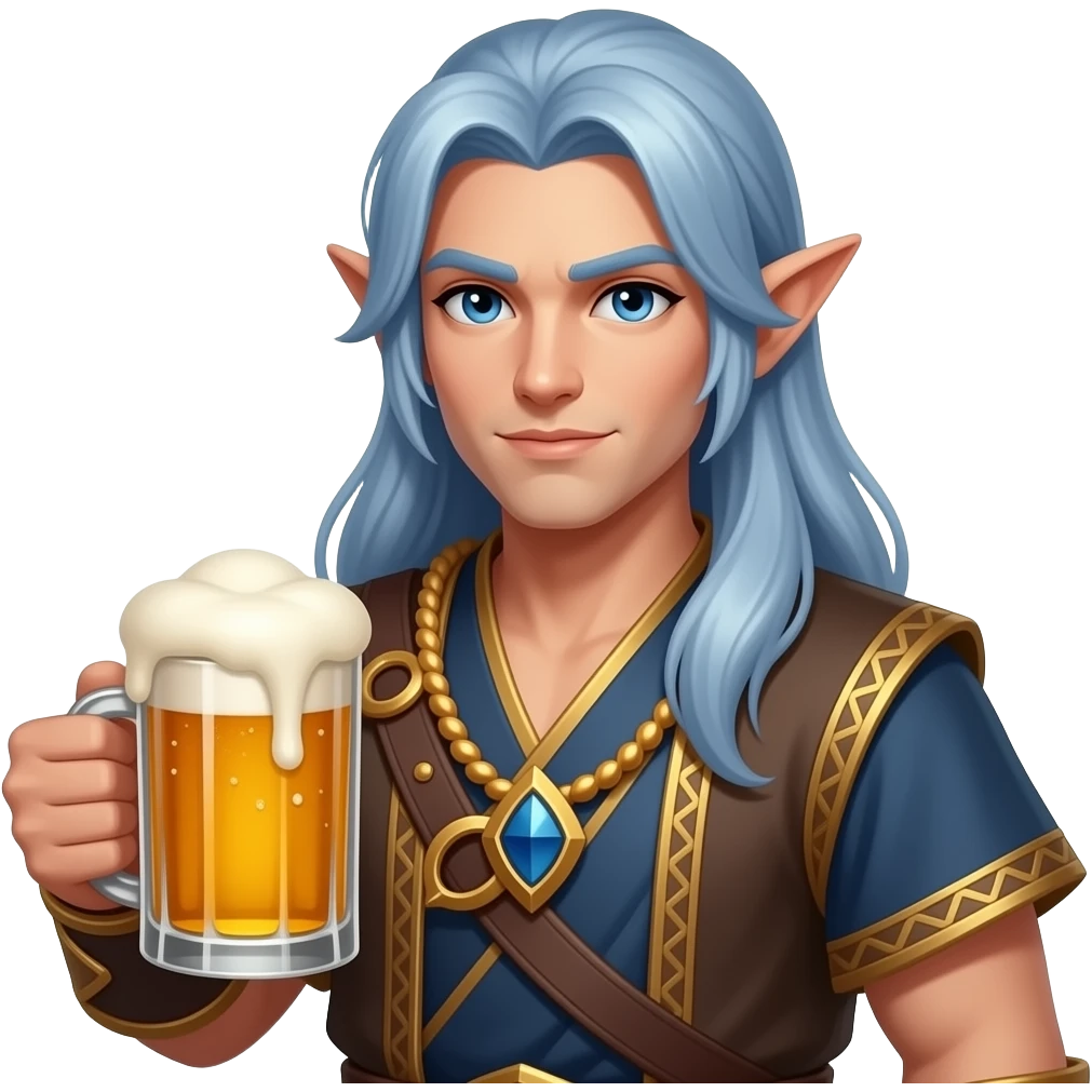 World of Warcraft,  birthday celebration with male elf monk with long blue silver hair holding beer emoji
