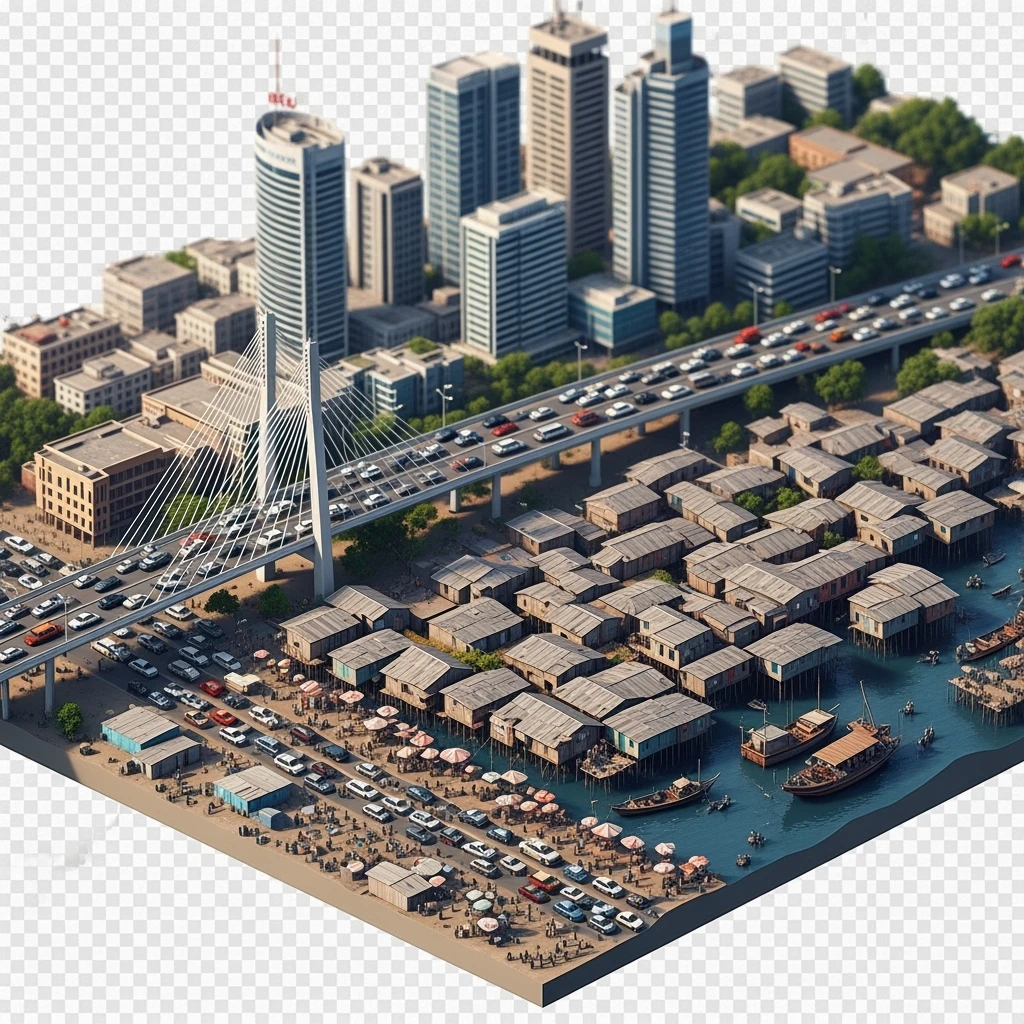 Isometric miniature of Lagos Lekki-Ikoyi Bridge, Eko Atlantic skyscrapers, Makoko slums, tin-roof shacks, chaotic markets, gridlocked traffic, 3D miniature effect and Tilt Shift effect, no cartoonish look, transparent background, don't cut angles emoji