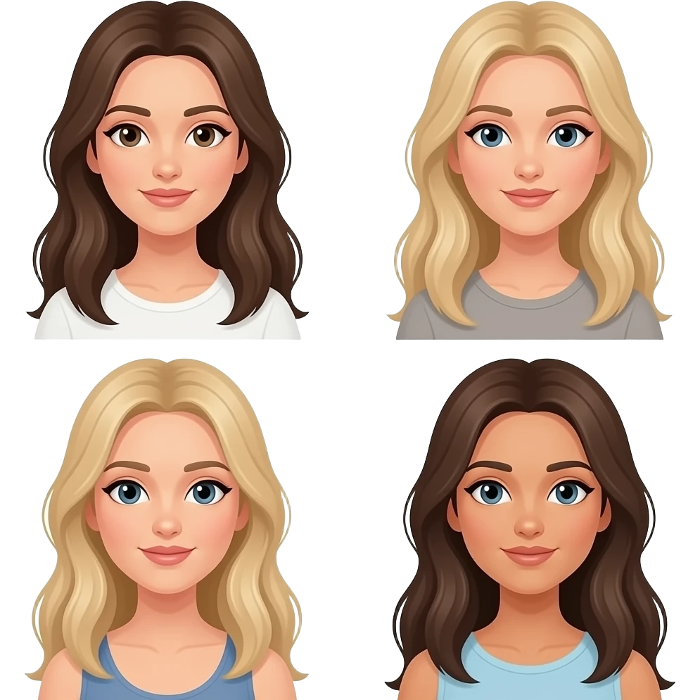 white girls with long hair : 1 brunette who is pregnant, 1 strawberry -blonde tall thin, 1 blonde thin, 1 dirty blonde thin, 1 brunette Italian emoji