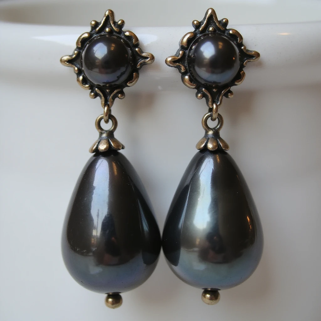 realistic goth earrings, black pearl drop, vintage gothic, subtle shine emoji