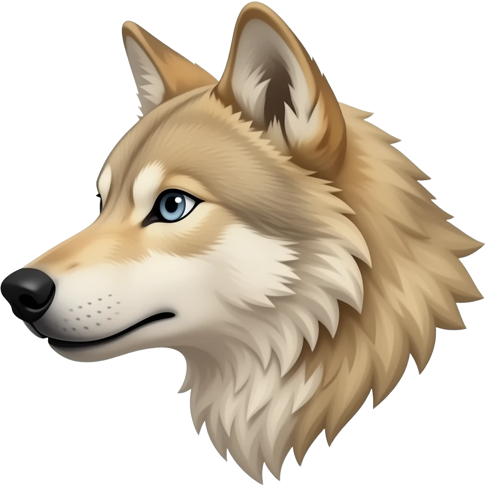 A little bit realistic aggressive face male Beige wolf head very realistic Turn sideways light blue gray eyes emoji