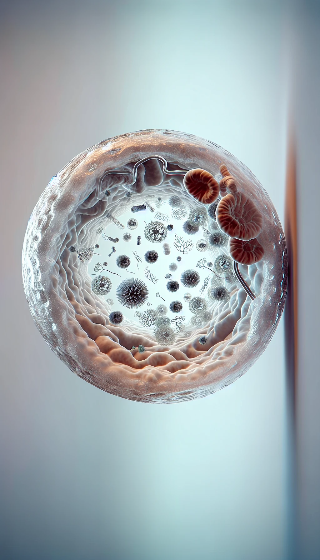 corpo umano anatomico con batteri come la candida nell'utero, sfondo neutro chiaro, iperrealistico 4k emoji